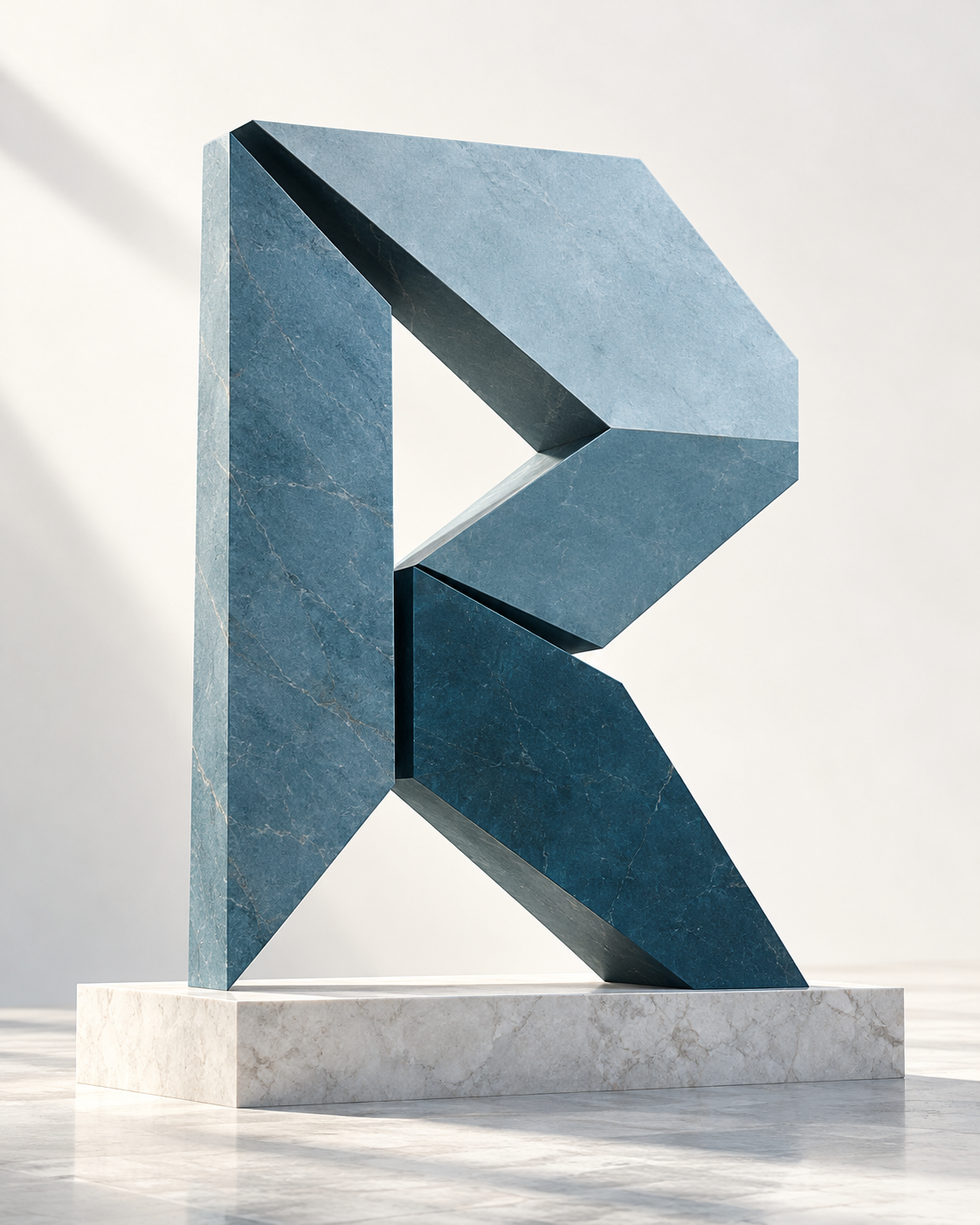 A sculptural rune R in steel blue stone on a white plinth